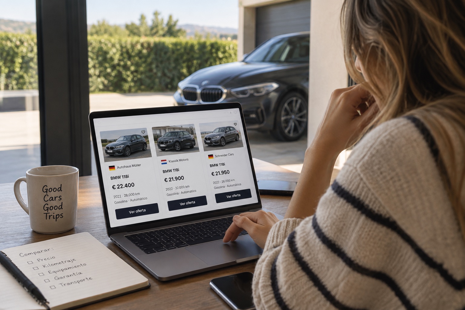 Comprador comparando varias ofertas del mismo modelo en el ordenador